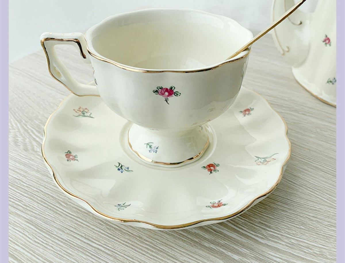 French Retro Luxury Floral Afternoon Tea Porcelain Teapot, Cup & Saucer Set 1 x Floral Cup & Saucer