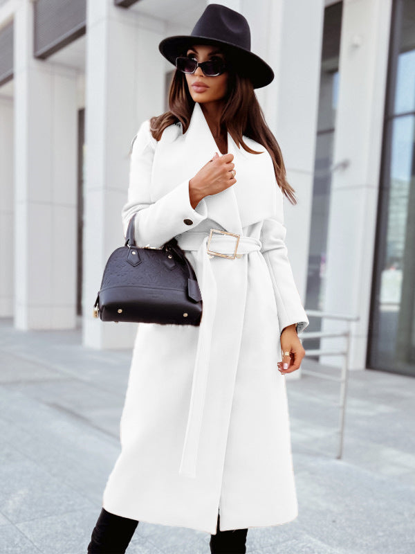 Women's Belted V-Neck Long-Sleeved Woolen Coat White