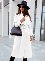 Women's Belted V-Neck Long-Sleeved Woolen Coat White