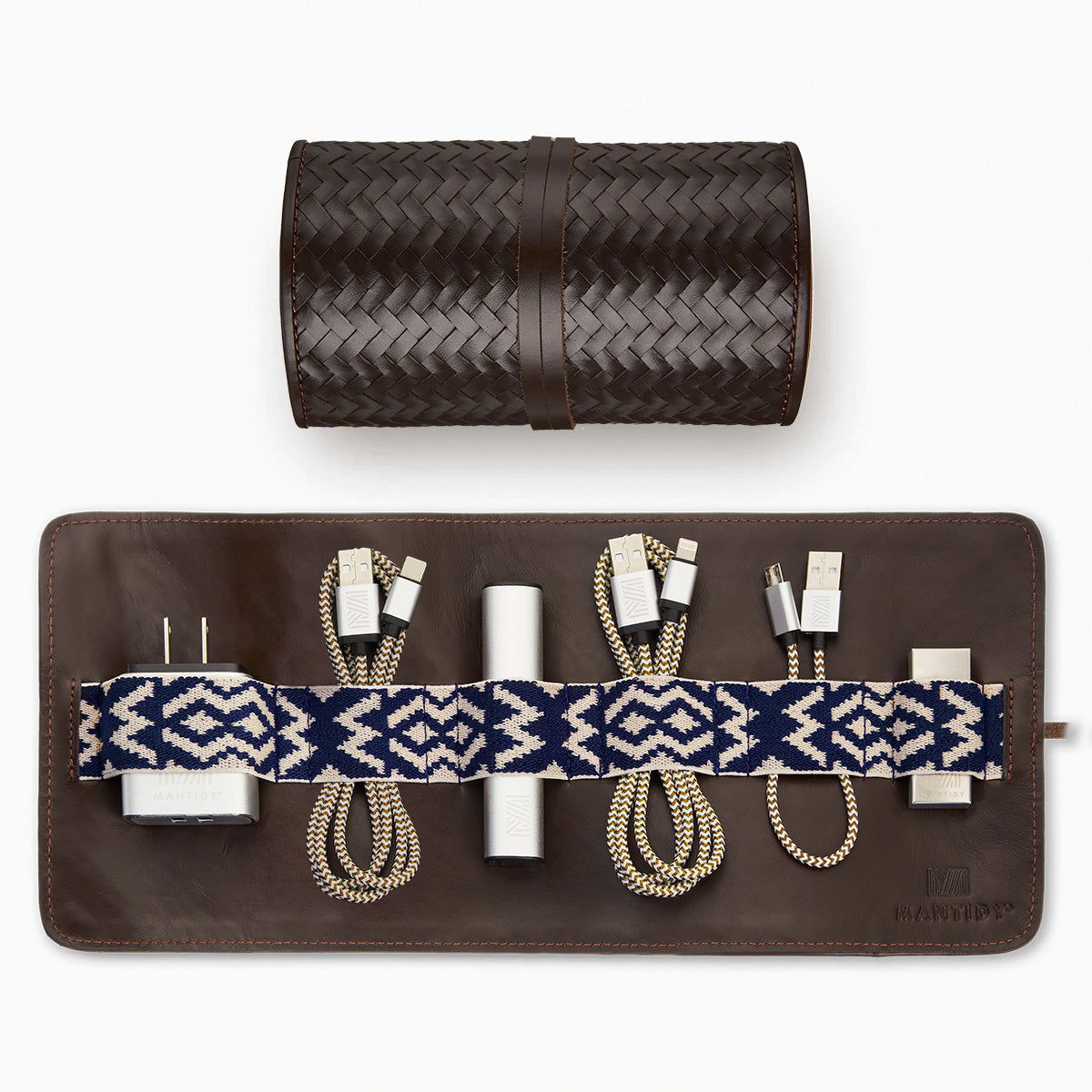 Herringbone TechRoll, Chocolate Brown | Mantidy® Navy Blue and Cream