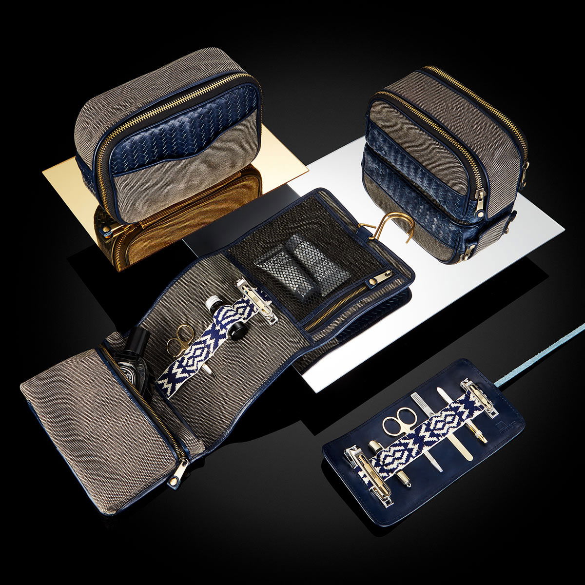 Herringbone Toiletry Wash Roll, Navy Blue