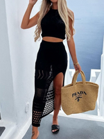 Hollow Bikini Cover-up Cropped Top High Waisted Skirt Two-piece Co-ord Set Black