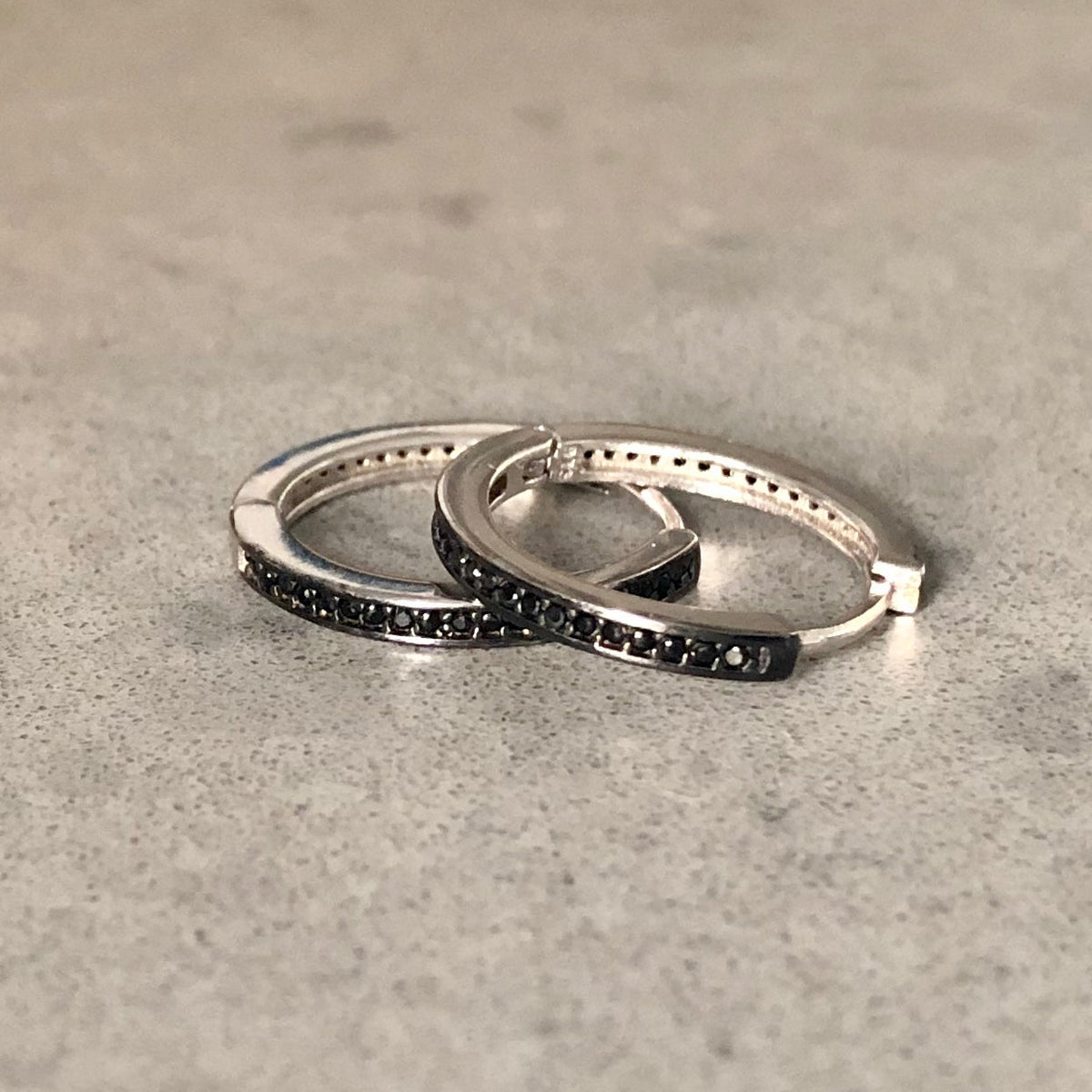 Hoop Earrings with Small Pave-set Stones Silver Large Black