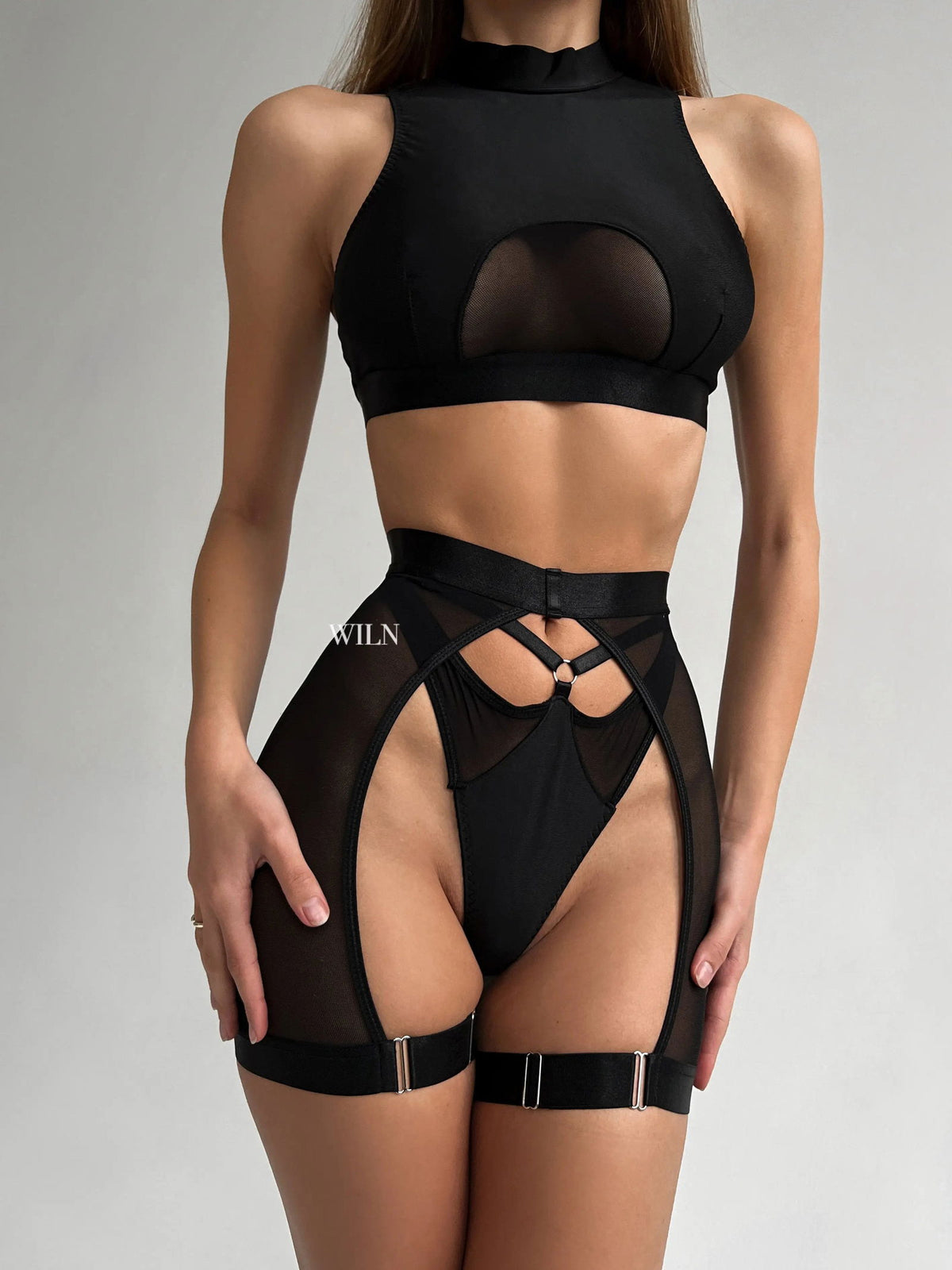 HYPNOSIS Black Mesh Waist Cinching 3 Piece Lingerie Set
