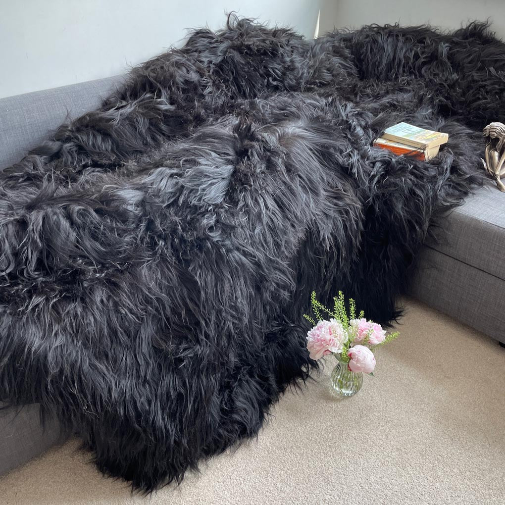 Icelandic Sheepskin Long Fur Rug 100% Natural Black Sheep Skin Throw ALL SIZES available Double, Triple, Quad, Penta, Sexto, Octo