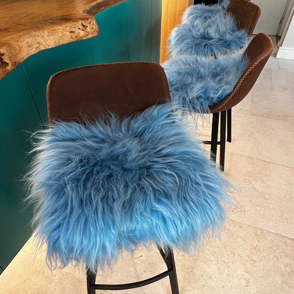 Icelandic Sheepskin Square Seat Cover | Duck Egg Blue Long 37cm
