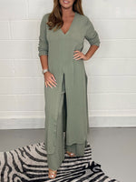 Women's Slit Long Jacket & Trousers Suit - Vibrant Casual Co-ord Comfort Green