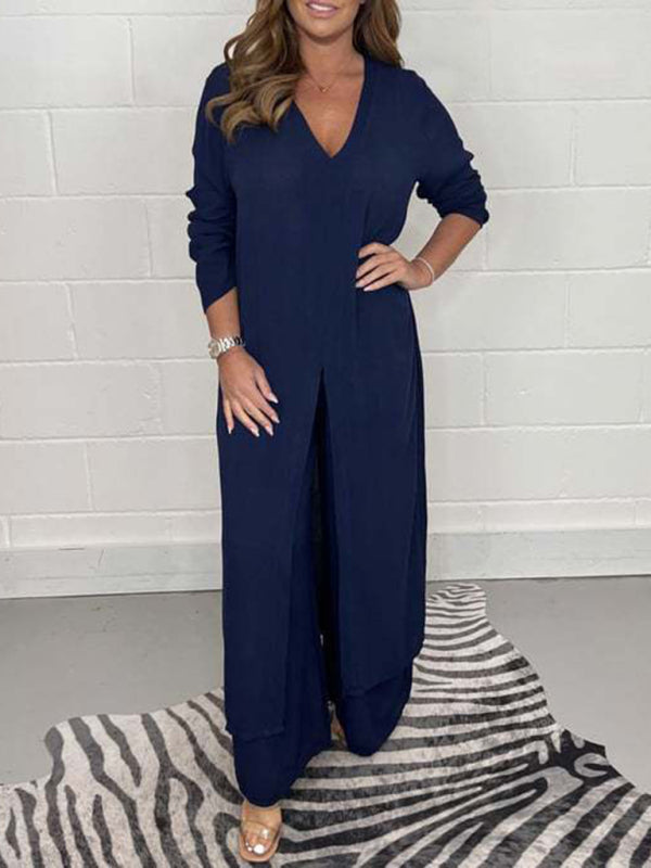 Women's Slit Long Jacket & Trousers Suit - Vibrant Casual Co-ord Comfort Dark Blue