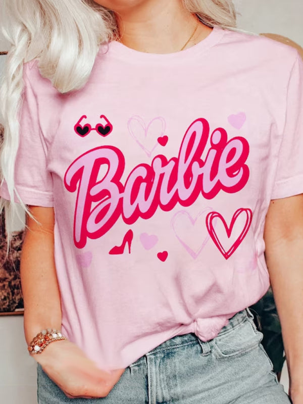 Women's Barbie Heart Graphic Tee - Pink, Black, or White Casual Chic Pattern1