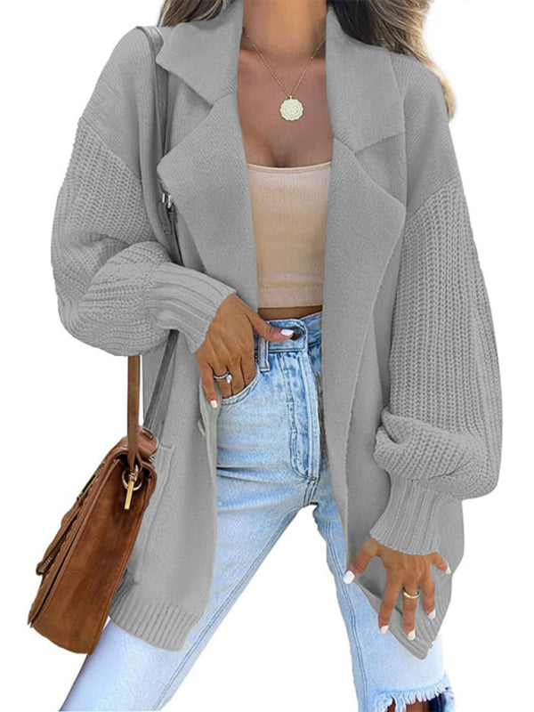 Women's Suit Collar Long Sleeve Knitted Cardigan Jacket Grey