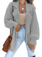 Women's Suit Collar Long Sleeve Knitted Cardigan Jacket Grey