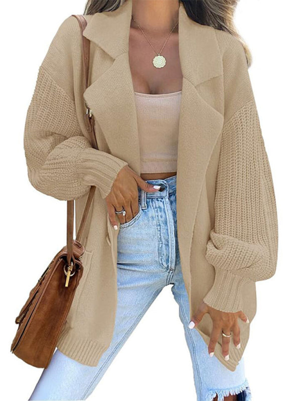 Women's Suit Collar Long Sleeve Knitted Cardigan Jacket Khaki