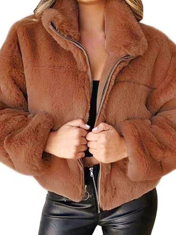 Women's Casual Zipper Cardigan Plush Warm Jacket Brown