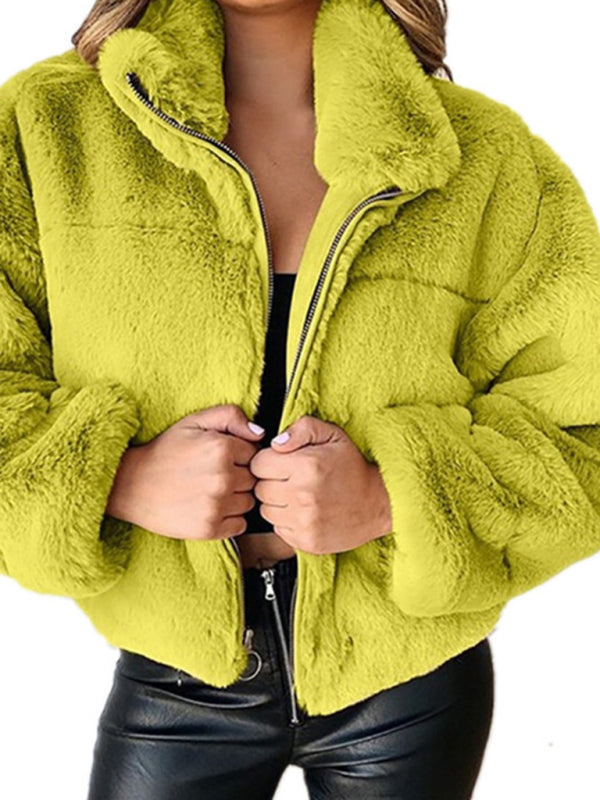Women's Casual Zipper Cardigan Plush Warm Jacket Yellow