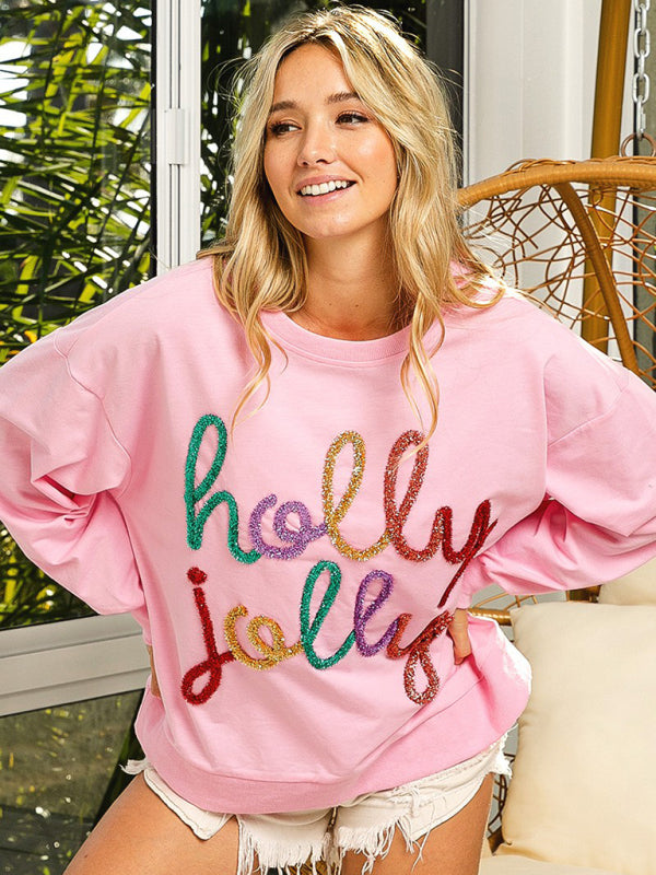 Women's Holly Jolly Christmas Sweatshirt in Pink or White Pink