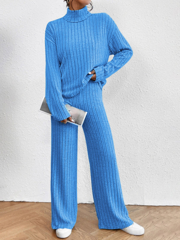 Casual High Collar Knitted Long Sleeve Women's Two-Piece Loungewear Set