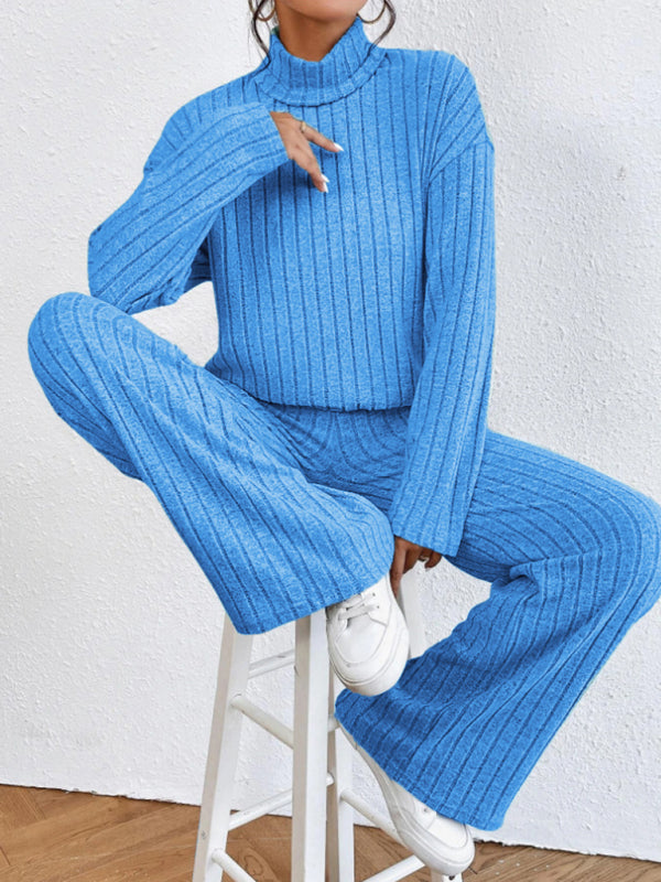 Casual High Collar Knitted Long Sleeve Women's Two-Piece Loungewear Set Blue