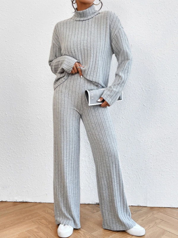 Casual High Collar Knitted Long Sleeve Women's Two-Piece Loungewear Set