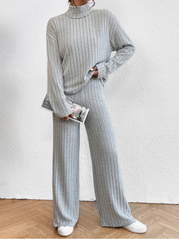 Casual High Collar Knitted Long Sleeve Women's Two-Piece Loungewear Set Grey