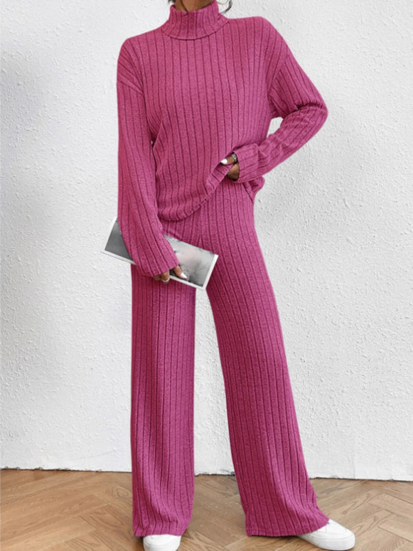 Casual High Collar Knitted Long Sleeve Women's Two-Piece Loungewear Set