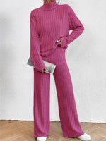 Casual High Collar Knitted Long Sleeve Women's Two-Piece Loungewear Set