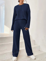 Casual Round Neck Knit Two-Piece Loungewear Set Blue