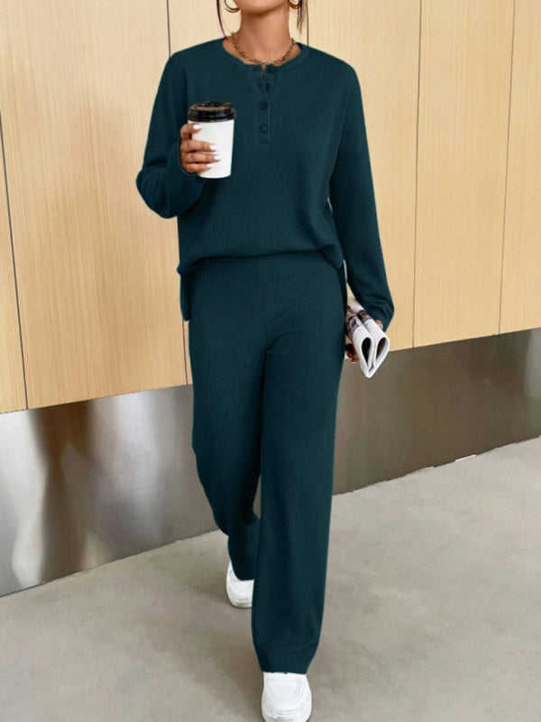 Casual Round Neck Knit Two-Piece Loungewear Set Green black jasper