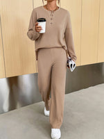 Casual Round Neck Knit Two-Piece Loungewear Set Khaki