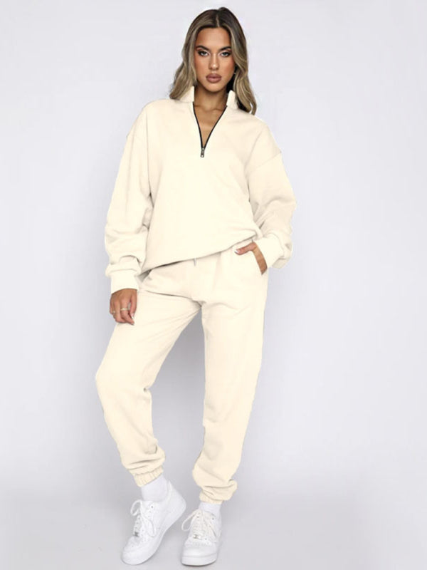 Women's Stand-Up Collar Zipper Sweatshirt & Trousers Loungewear Set - Vibrant Solid Color Comfort Cream