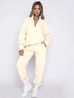 Women's Stand-Up Collar Zipper Sweatshirt & Trousers Loungewear Set - Vibrant Solid Color Comfort Cream