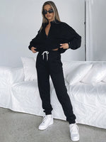 Women's Stand-Up Collar Zipper Sweatshirt & Trousers Loungewear Set - Vibrant Solid Color Comfort
