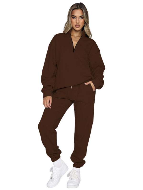 Women's Stand-Up Collar Zipper Sweatshirt & Trousers Loungewear Set - Vibrant Solid Color Comfort