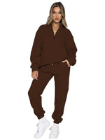 Women's Stand-Up Collar Zipper Sweatshirt & Trousers Loungewear Set - Vibrant Solid Color Comfort
