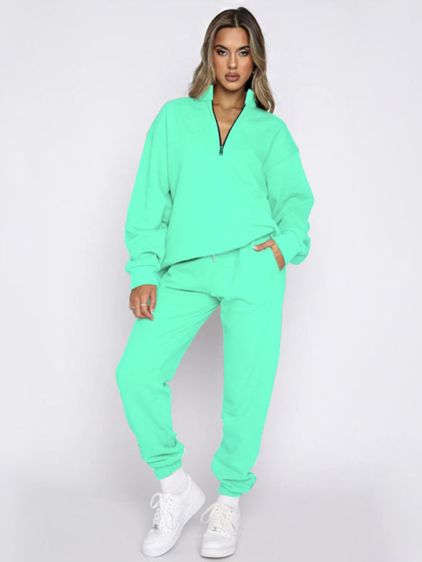 Women's Stand-Up Collar Zipper Sweatshirt & Trousers Loungewear Set - Vibrant Solid Color Comfort Green