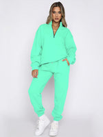 Women's Stand-Up Collar Zipper Sweatshirt & Trousers Loungewear Set - Vibrant Solid Color Comfort Green