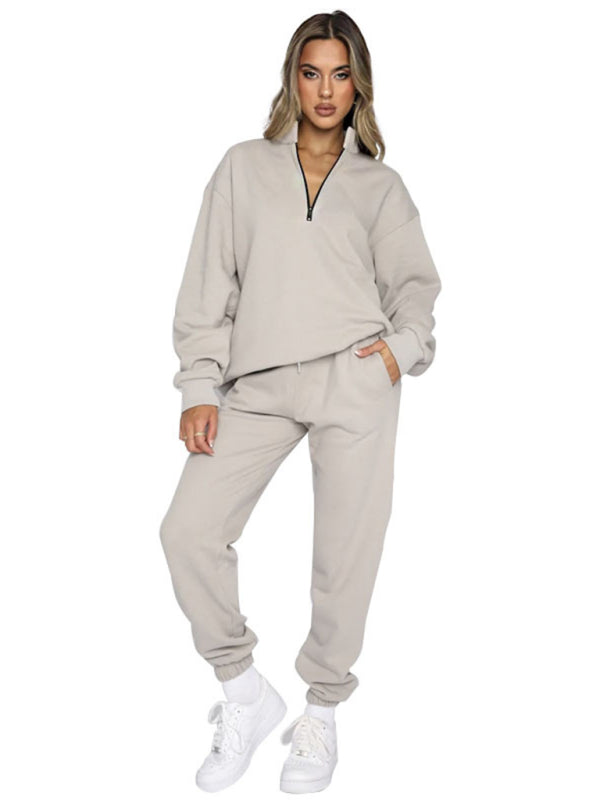 Women's Stand-Up Collar Zipper Sweatshirt & Trousers Loungewear Set - Vibrant Solid Color Comfort