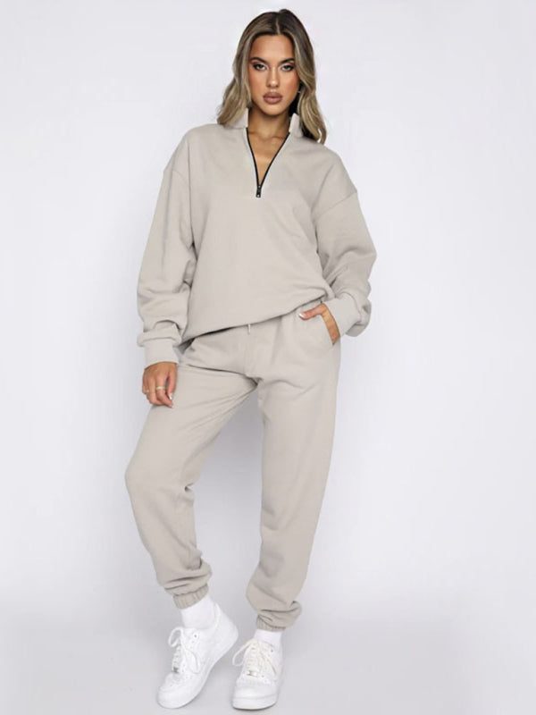 Women's Stand-Up Collar Zipper Sweatshirt & Trousers Loungewear Set - Vibrant Solid Color Comfort Misty grey