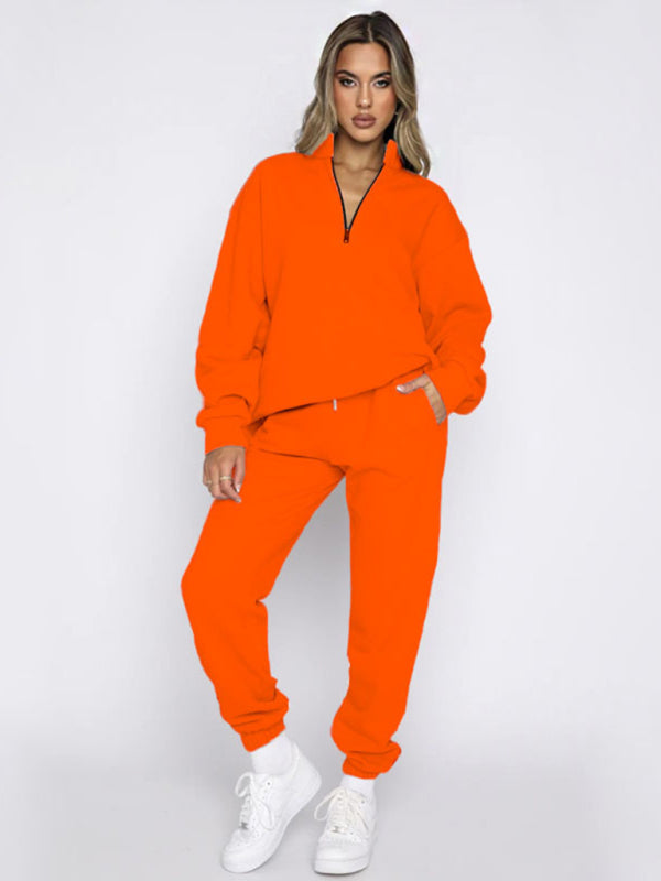Women's Stand-Up Collar Zipper Sweatshirt & Trousers Loungewear Set - Vibrant Solid Color Comfort Orange Red