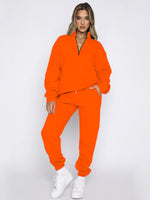 Women's Stand-Up Collar Zipper Sweatshirt & Trousers Loungewear Set - Vibrant Solid Color Comfort Orange Red