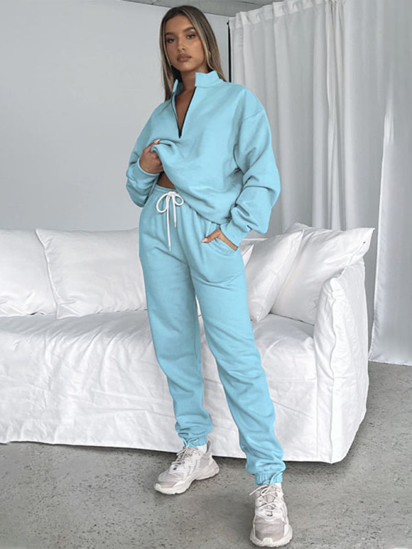 Women's Stand-Up Collar Zipper Sweatshirt & Trousers Loungewear Set - Vibrant Solid Color Comfort