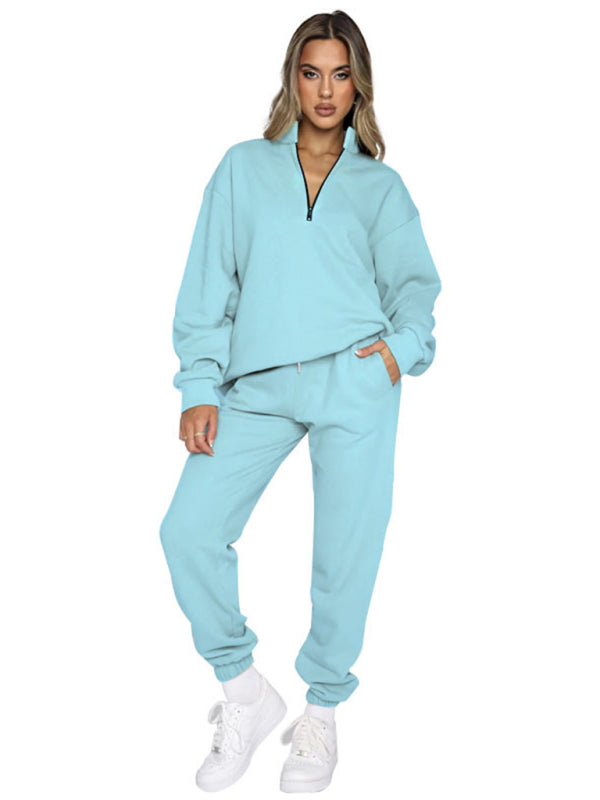 Women's Stand-Up Collar Zipper Sweatshirt & Trousers Loungewear Set - Vibrant Solid Color Comfort