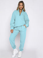 Women's Stand-Up Collar Zipper Sweatshirt & Trousers Loungewear Set - Vibrant Solid Color Comfort Sky blue azure