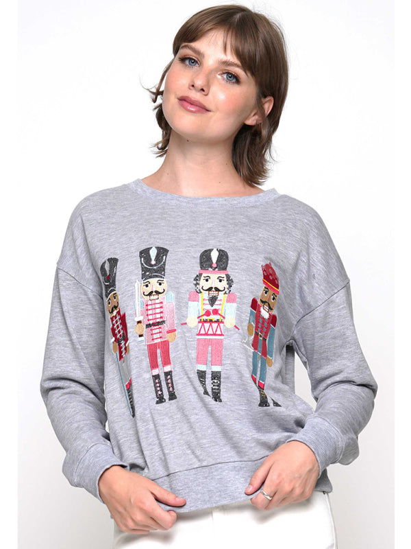 Women's Embroidered Nutcracker Sequin Christmas Jumper Grey