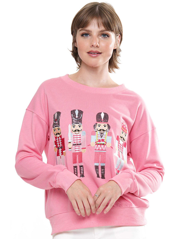 Women's Embroidered Nutcracker Sequin Christmas Jumper Pink
