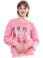 Women's Embroidered Nutcracker Sequin Christmas Jumper Pink