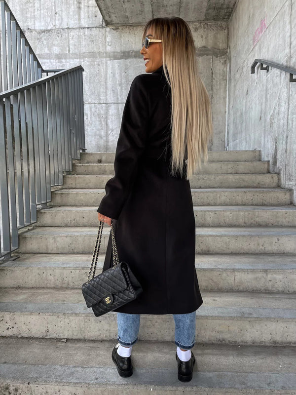 Women's Simple Long-Sleeved Lapel Button Slit Woolen Jacket