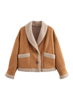 Women's Retro Lapel Loose Faux Suede Shearling Coat in Tan Brown