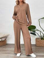 Casual Texture Wide-Leg Pants Two-Piece Round Neck Loungewear Set Coffee