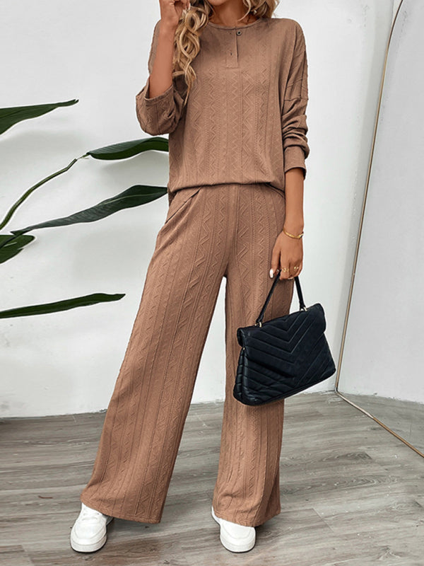 Casual Texture Wide-Leg Pants Two-Piece Round Neck Loungewear Set Coffee