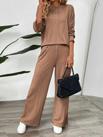 Casual Texture Wide-Leg Pants Two-Piece Round Neck Loungewear Set Coffee